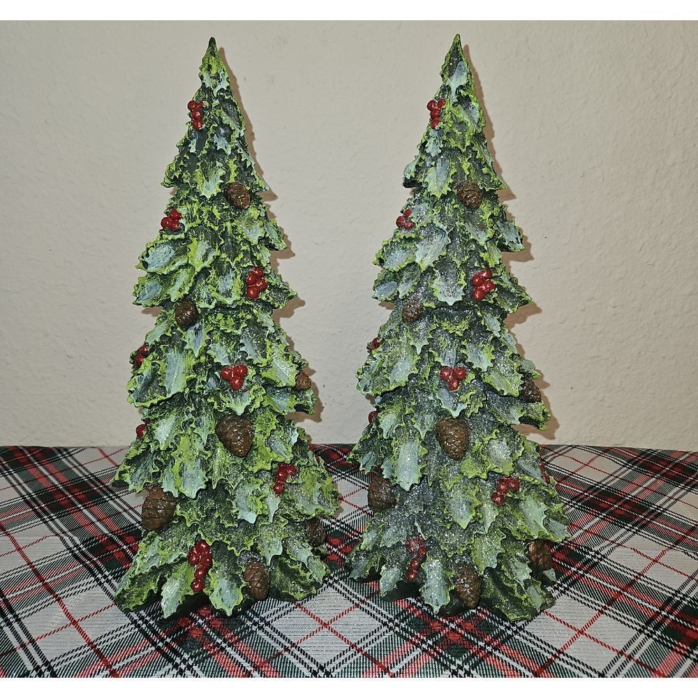 Set Of 2 Elegant Holly & Berry Evergreen Holiday Resin Tree Decor